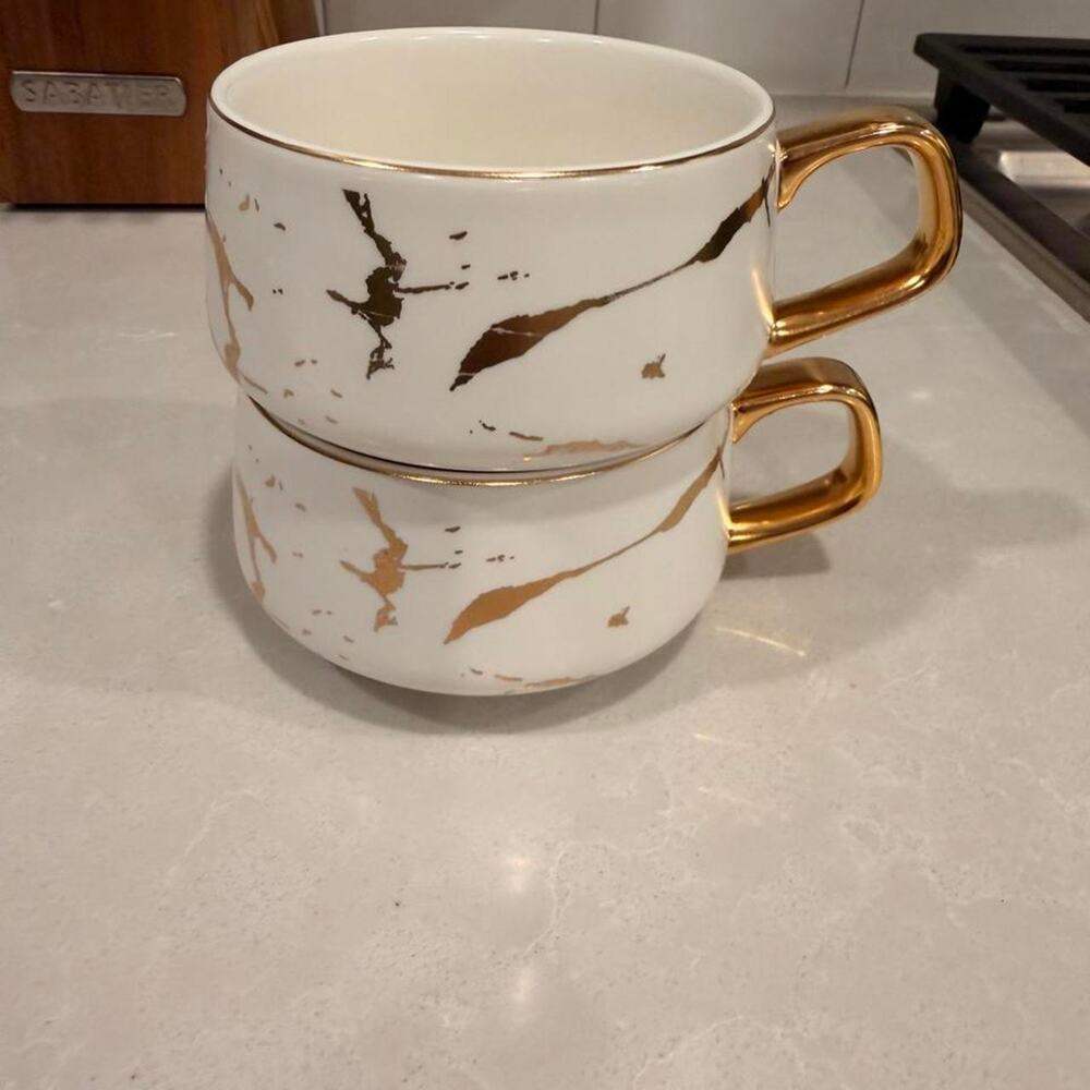 Set of 2 White Gold Marble Ceramic Tea Mugs Luxury Inlay Coffee Cups